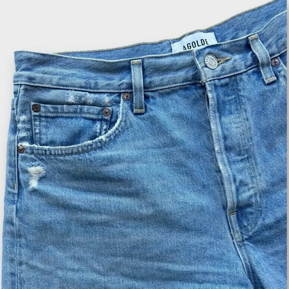 AGOLDE Parker Long Denim Shorts Women’s 29 Blue Distressed Raw Hem 100% Cotton